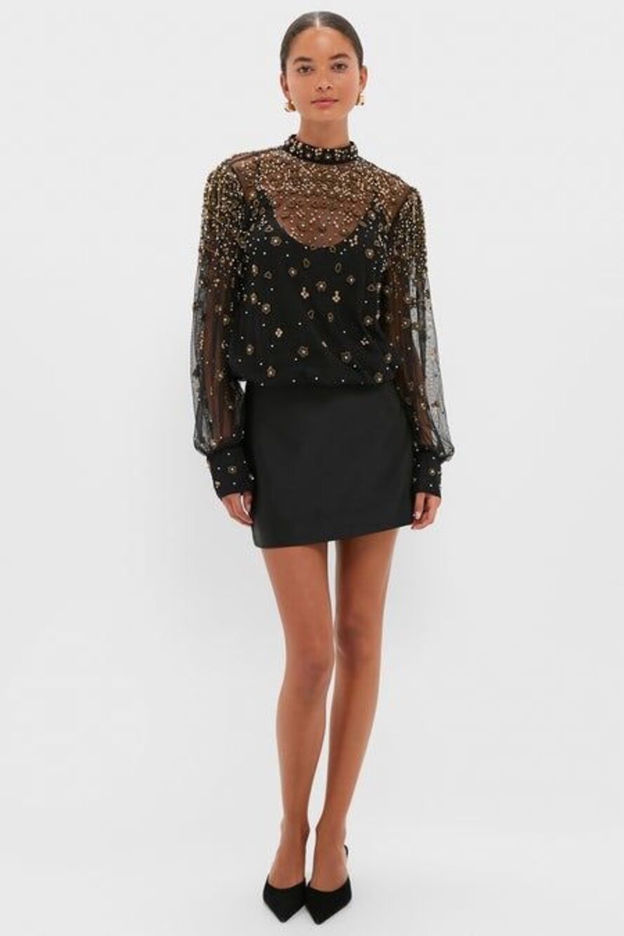 New FARM RIO Black Embroidered Bubble Tulle Blouse Size M